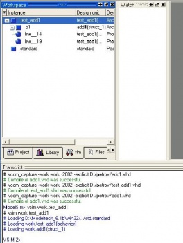 Закладка sim в окне Workspace ModelSim SE 6.1b